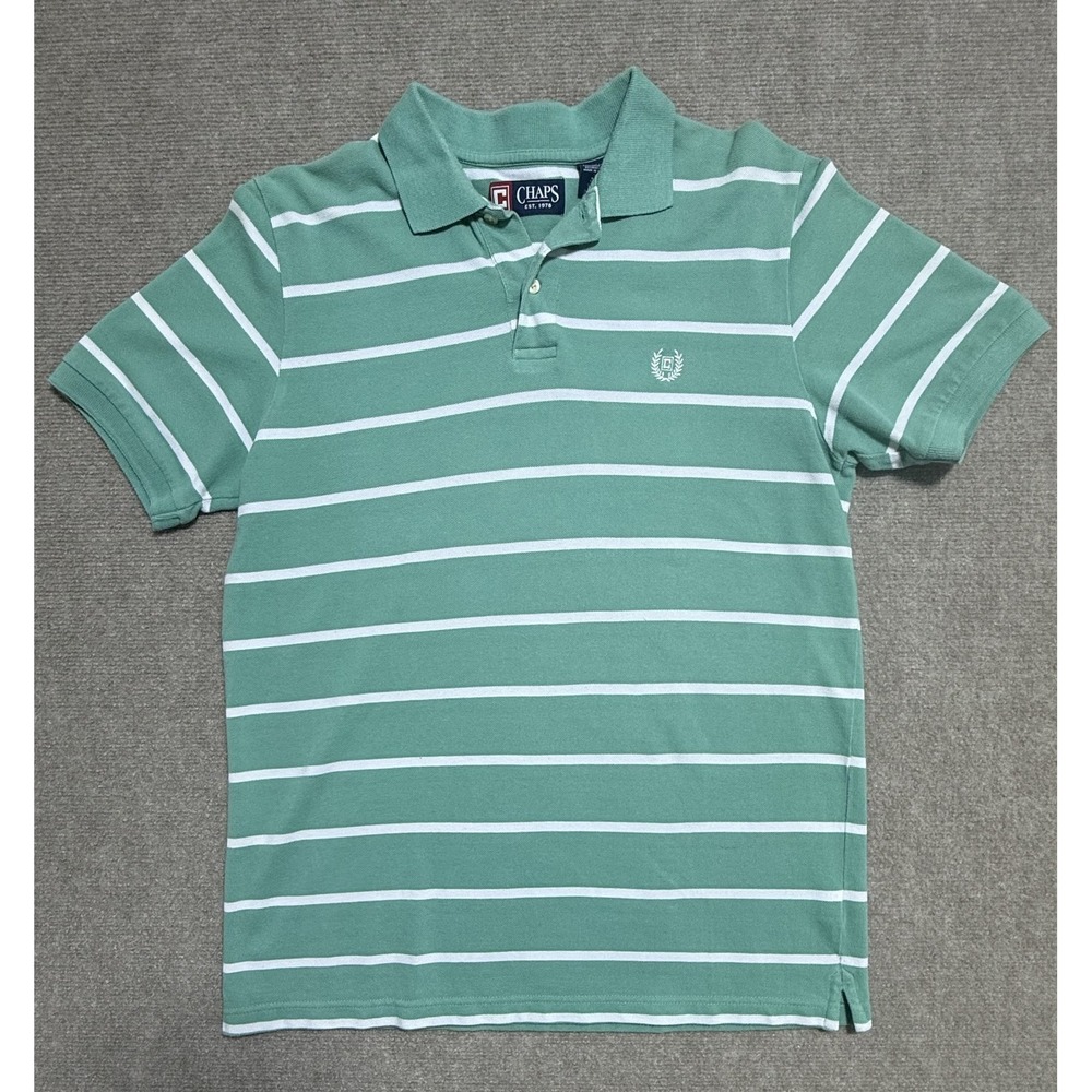 Chaps Polo Shirt Mens Medium Green White Striped Classic Embroidered Logo Cotton